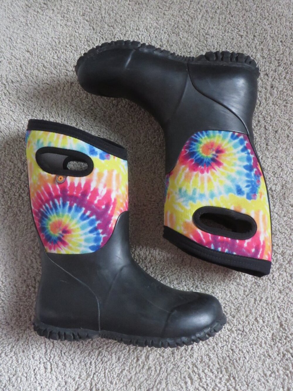 Bogs Kids Rain/Snow Boots Size 2 Youth Black With Multicolor Tie-Dye Cuff